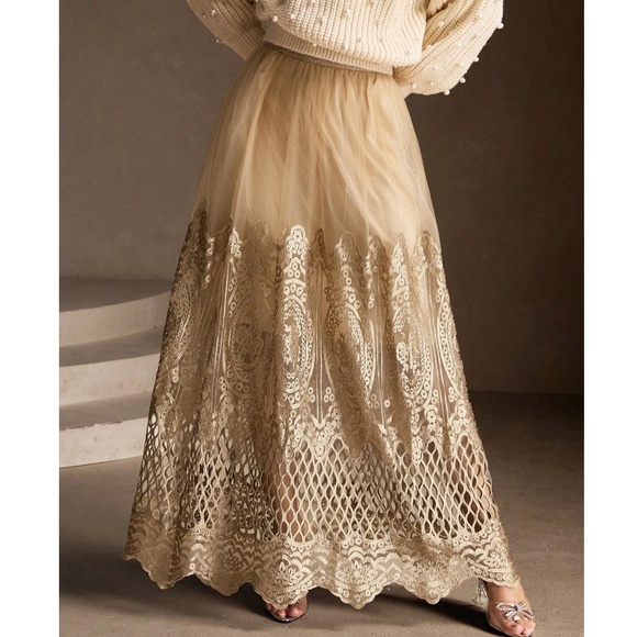 Classic High Stretchy Waist Mesh Overlay Lace maxi Skirt - Picture 1 of 5